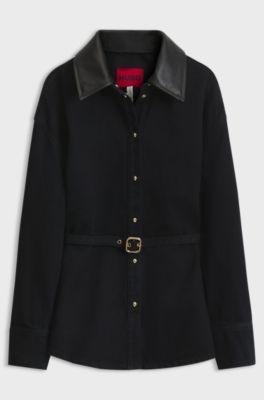 Relaxed-fit denim jacket with leather collar, Dark Blue