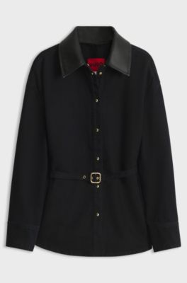 Relaxed-fit denim jacket with leather collar, Dark Blue
