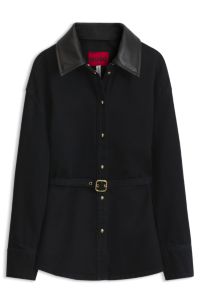 Relaxed-fit denim jacket with leather collar, Dark Blue