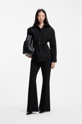 Relaxed-fit denim jacket with leather collar, Dark Blue