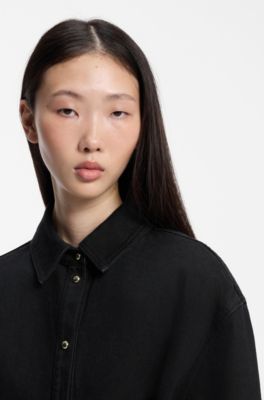 Relaxed-fit denim jacket with leather collar, Dark Blue