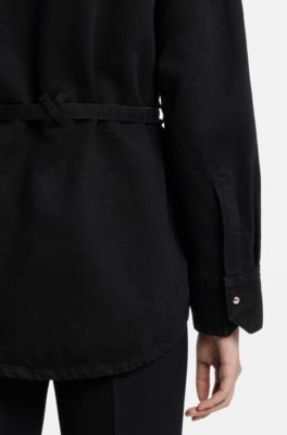 Relaxed-fit denim jacket with leather collar, Dark Blue