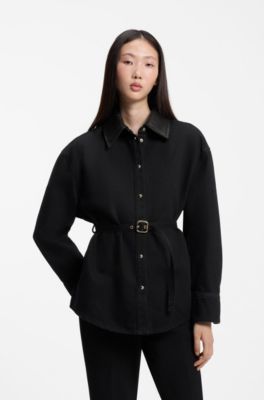 Relaxed-fit denim jacket with leather collar, Dark Blue