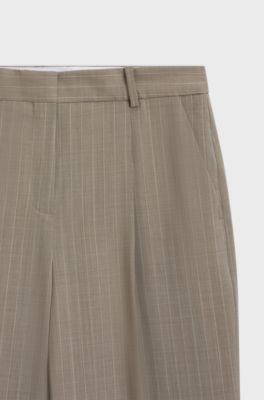 Pantalon Regular &agrave; jambes larges en laine vierge &agrave; rayures tennis, Beige &agrave; motif