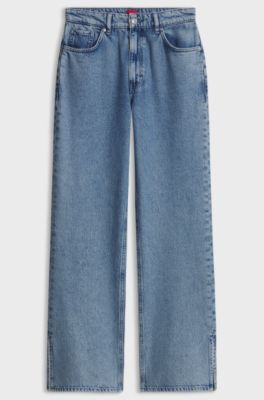 Slit-hem straight jeans, Blue