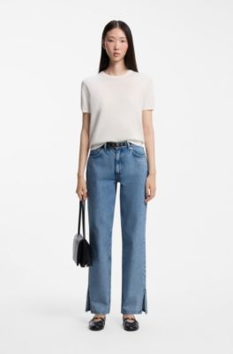 Slit-hem straight jeans, Blue