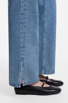 Slit-hem straight jeans, Blue