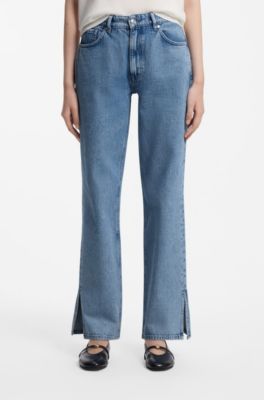 Slit-hem straight jeans, Blue