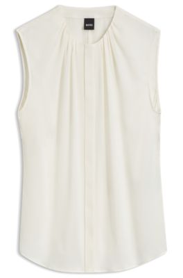 Gathered-neck sleeveless blouse in stretch silk, Natural