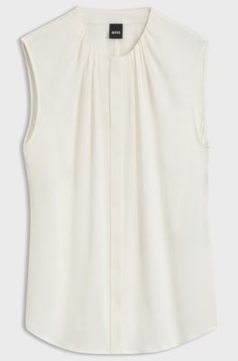 Gathered-neck sleeveless blouse in stretch silk, Natural