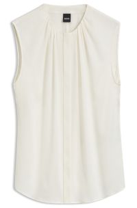 Gathered-neck sleeveless blouse in stretch silk, Natural