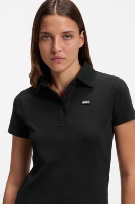 Knit polo in stretch-cotton piqu&eacute; with logo badge, Black