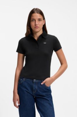 Knit polo in stretch-cotton piqu&eacute; with logo badge, Black
