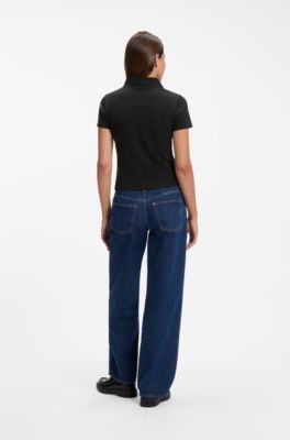 Knit polo in stretch-cotton piqu&eacute; with logo badge, Black