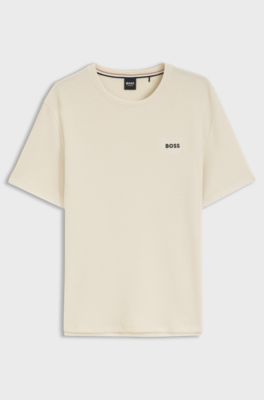 Waffle-structured pyjama T-shirt with embroidered logo, Natural