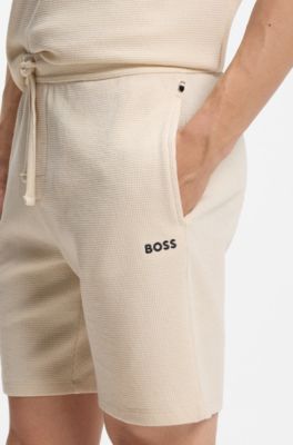 Short de pyjama gaufr&eacute; avec logo brod&eacute;, Naturel