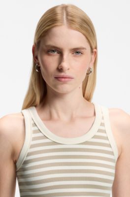Slim-fit top in striped stretch cotton, Beige Patterned