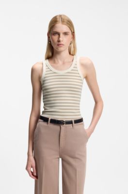 Slim-fit top in striped stretch cotton, Beige Patterned