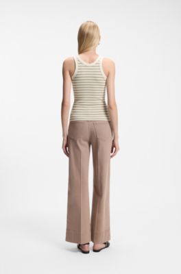 Slim-fit top in striped stretch cotton, Beige Patterned