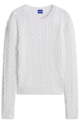 Cable-knit sweater in washed-effect cotton, White