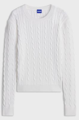 Cable-knit sweater in washed-effect cotton, White
