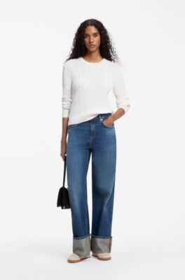 Cable-knit sweater in washed-effect cotton, White