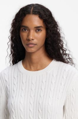 Cable-knit sweater in washed-effect cotton, White
