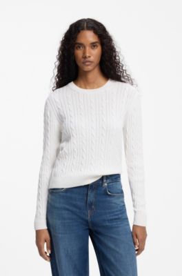 Cable-knit sweater in washed-effect cotton, White