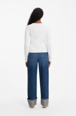 Cable-knit sweater in washed-effect cotton, White