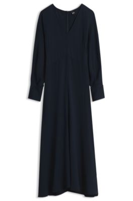 Long-sleeved V-neck dress with fitted waist, Dark Blue