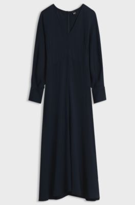 Long-sleeved V-neck dress with fitted waist, Dark Blue