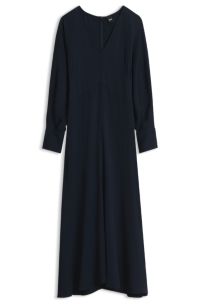 Long-sleeved V-neck dress with fitted waist, Dark Blue