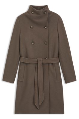 Belted double-breasted coat in virgin wool, Grey