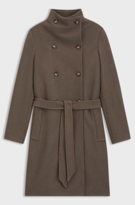 Mantel van scheerwol met riem en twee rijen knopen, Bruin