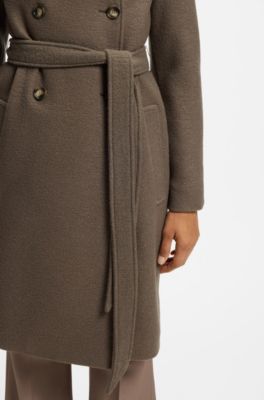 Mantel van scheerwol met riem en twee rijen knopen, Bruin