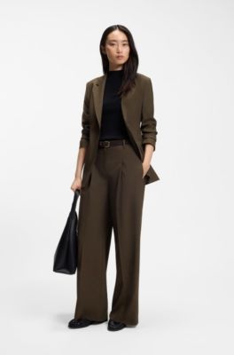 Pantalon large en tissu stretch pliss&eacute; sur le devant, Marron