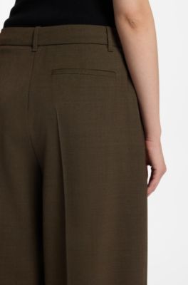 Wide-leg trousers in stretch fabric with front pleats, Brown