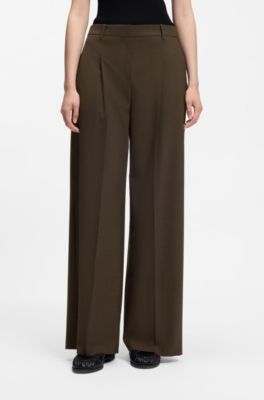 Wide-leg trousers in stretch fabric with front pleats, Brown