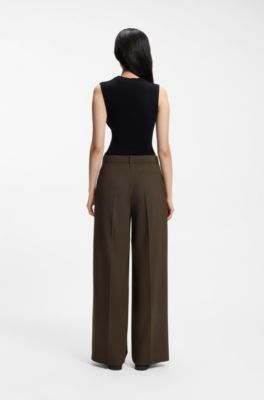 Wide-leg trousers in stretch fabric with front pleats, Brown