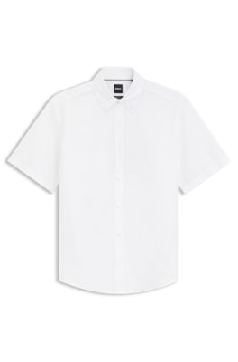 Short-sleeved shirt in a cotton and linen blend, White