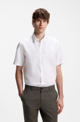 Short-sleeved shirt in a cotton and linen blend, White