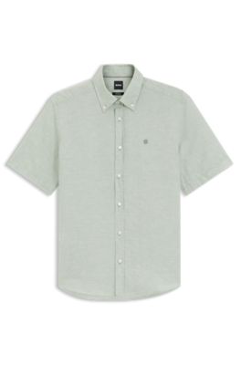 Short-sleeved shirt in a cotton and linen blend, Light Green