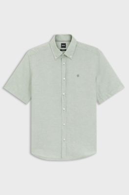 Short-sleeved shirt in a cotton and linen blend, Light Green