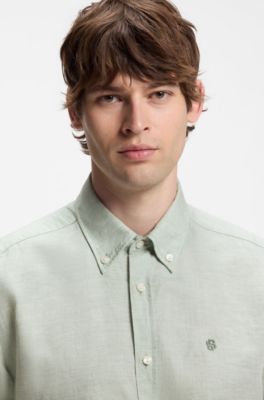 Short-sleeved shirt in a cotton and linen blend, Light Green