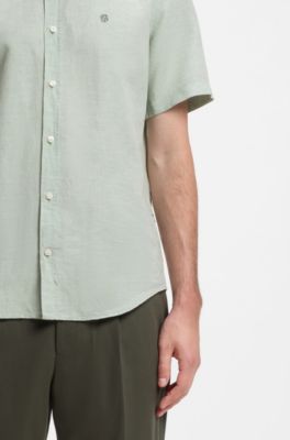 Short-sleeved shirt in a cotton and linen blend, Light Green