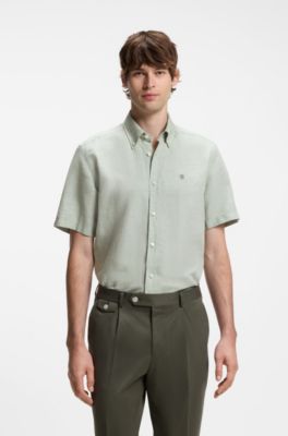 Short-sleeved shirt in a cotton and linen blend, Light Green