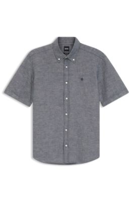Short-sleeved shirt in a cotton and linen blend, Dark Blue