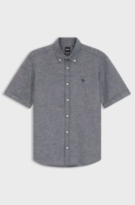 Short-sleeved shirt in a cotton and linen blend, Dark Blue