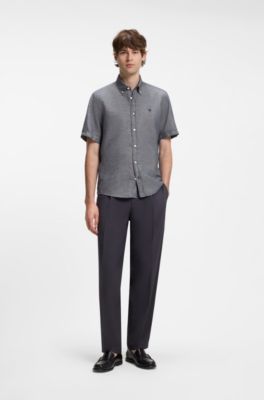 Short-sleeved shirt in a cotton and linen blend, Dark Blue
