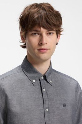 Short-sleeved shirt in a cotton and linen blend, Dark Blue